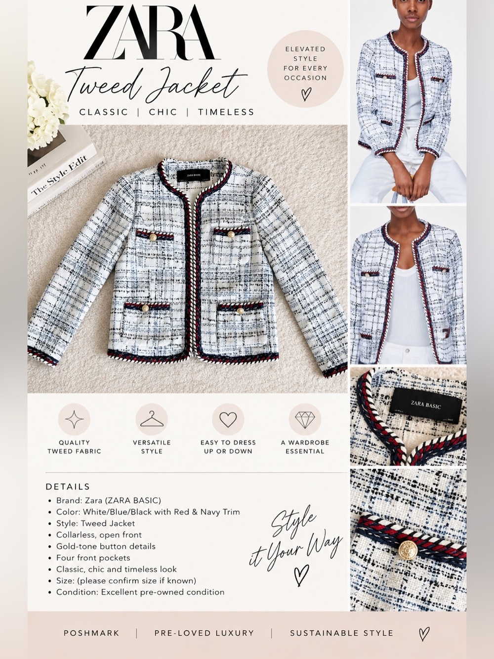 Zara White Tweed Jacket with Red & Navy Trim